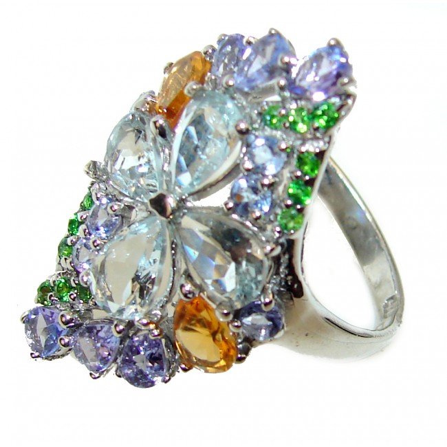Bouquet of Flowers Authentic Aquamarine .925 Sterling Silver handmade Ring s. 7 3/4
