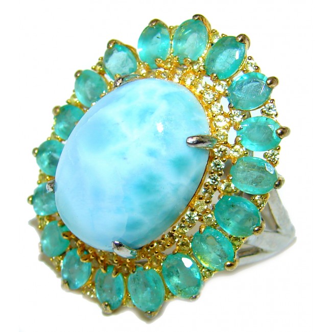 18.6 carat Larimar Emerald 14K White Gold over .925 Sterling Silver handcrafted Ring s. 8 1/2
