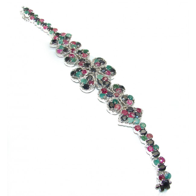 Luxury Authentic Ruby Emerald Sapphire .925 Sterling Silver handmade Large Bracelet