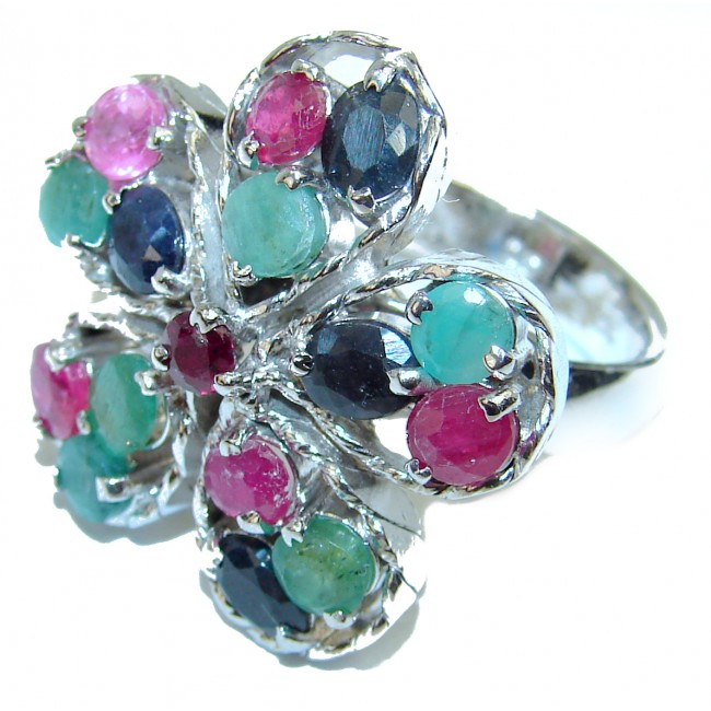 Green Flower Genuine Ruby Emerald Sapphire .925 Sterling Silver handmade Cocktail Ring s. 7 1/2