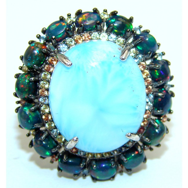 Natural Larimar Black Opal 14K White Gold over .925 Sterling Silver handcrafted Ring s. 7 1/4