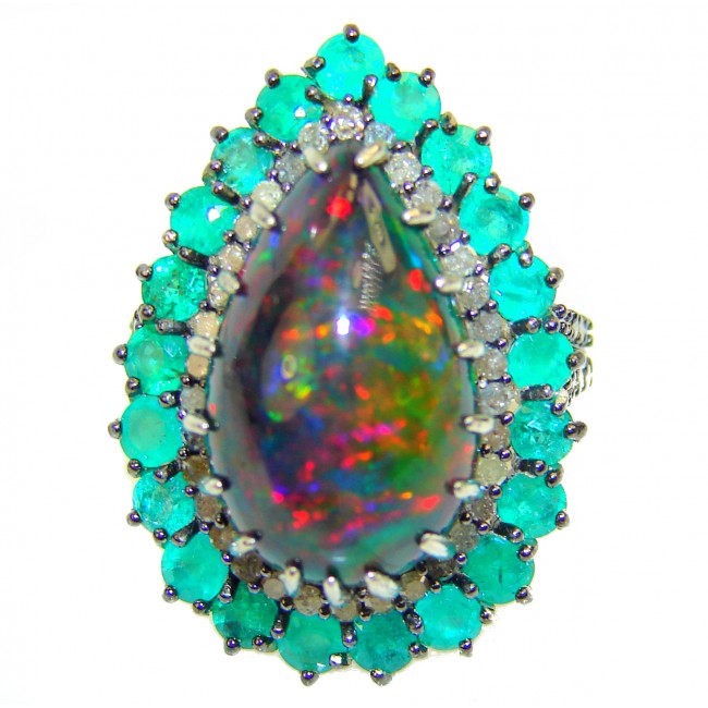New Galaxy 8.5 carats Black Opal 14K White Gold over .925 Sterling Silver handcrafted Ring s. 7