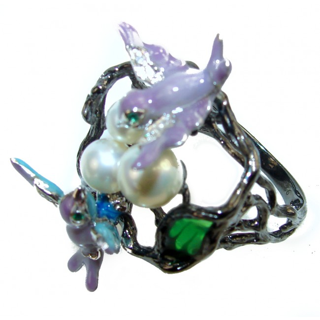 Large Bird nest Real Pearl .925 Sterling Silver Bali handmade ring size 8 3/4