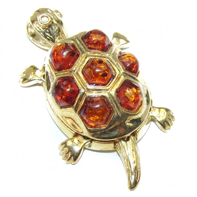 Turtle Genuine Polish Amber 14K Gold over . 925 Sterling Silver handmade Pendant