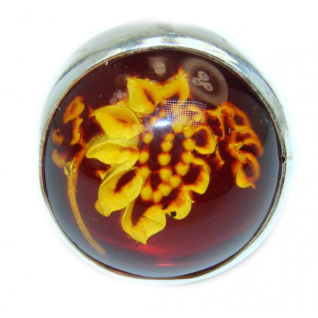 Beautiful Authentic carved FLOWER Baltic Amber .925 Sterling Silver handcrafted ring; s. 7 1/2