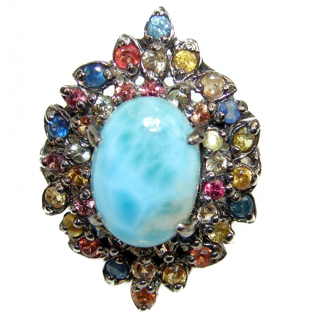 13.6 carat Larimar Sapphire black rhodium over .925 Sterling Silver handcrafted Ring s. 9