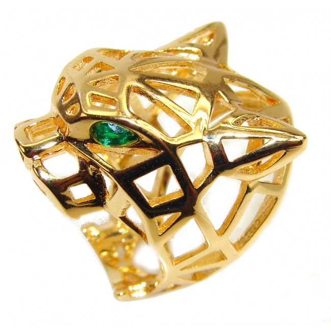 Large Panther's Head Emerald .925 Sterling Silver handcrafted Statement Ring size 6 3/4