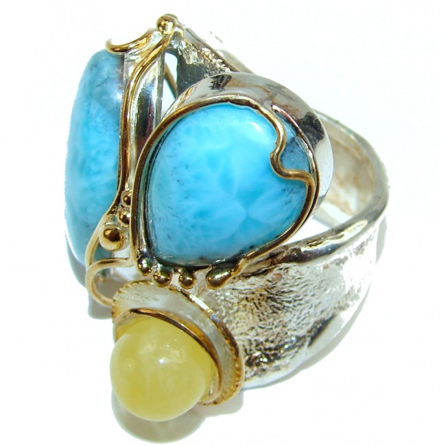 Massive Natural Larimar Baltic Amber 18K Gold over .925 Sterling Silver handcrafted Ring s. 9