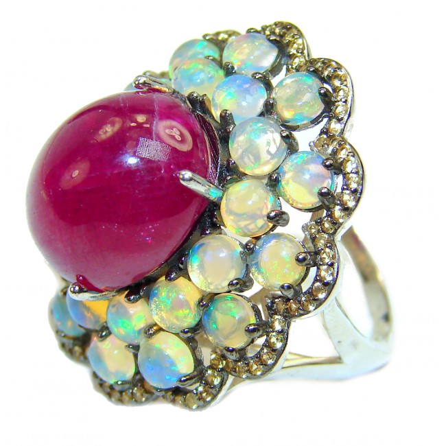 16.3 carat Ruby Ethiopian Opal .925 Sterling Silver handcrafted Large Statement Ring size 7 1/4