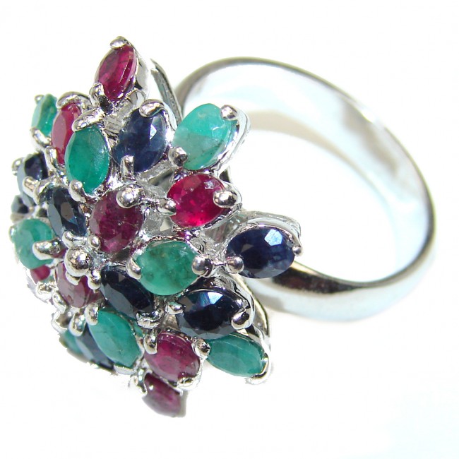 Green Flower Genuine Ruby Emerald Sapphire .925 Sterling Silver handmade Cocktail Ring s. 8