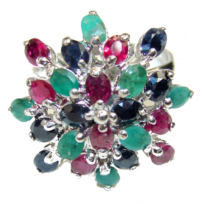 Green Flower Genuine Ruby Emerald Sapphire .925 Sterling Silver handmade Cocktail Ring s. 8