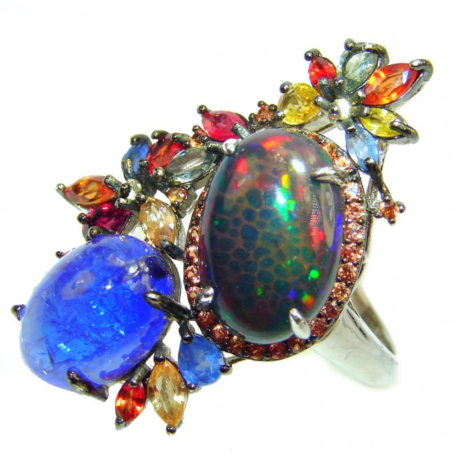 A Perfect Combination Genuine Black Opal Tanzanite 14K White Gold over .925 Sterling Silver handmade Ring size 7 1/4