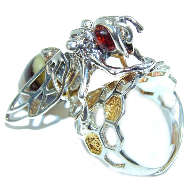 Masterpiece Honey Bee Baltic Polish Amber .925 Sterling Silver handcrafted HUGE ring; s 8 adjustable