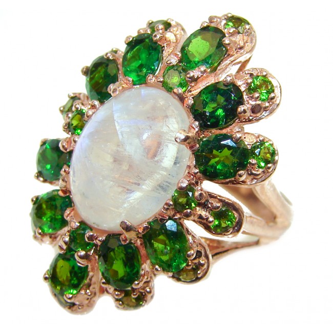 Special Fire Moonstone Chrome Diopside 14K Gold over .925 Sterling Silver handmade ring s. 9