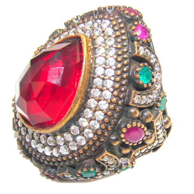 Victorian Style created Ruby & White Topaz Copper over Sterling Silver ring; s. 9