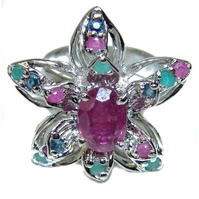 Beautiful Flower unique Ruby .925 Sterling Silver handcrafted Ring size 7 1/2