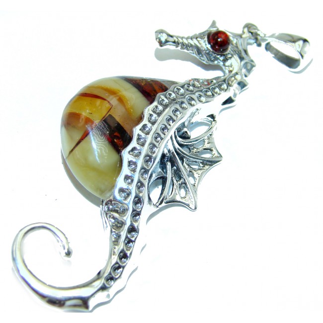 Large Seahorse Excellent Mosaic Polish Amber .925 Sterling Silver handcrafted Pendant
