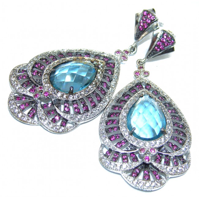 Spectacular Swiss Blue Topaz Ruby .925 Sterling Silver handcrafted earrings