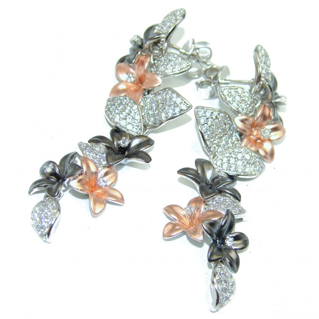 Floral Design Three colors Genuine .925 Sterling Silver handmade earrings