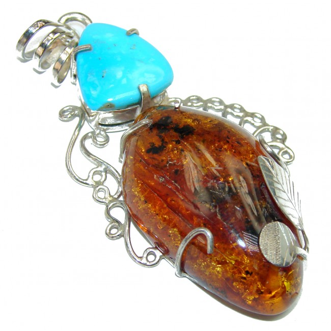 Huge Baltic Polish Amber Turquoise .925 Sterling Silver handcrafted pendant
