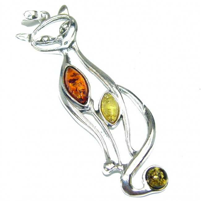Large Cat Baltic Polish Amber Sterling Silver handcrafted Pendant