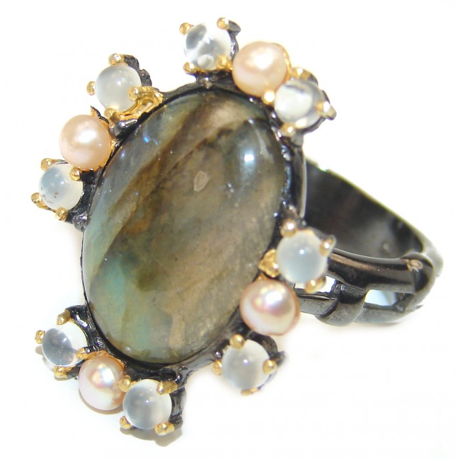 Mesmerizing carved Fire Labradorite 18K Gold over .925 Sterling Silver Bali handmade ring size 8 3/4
