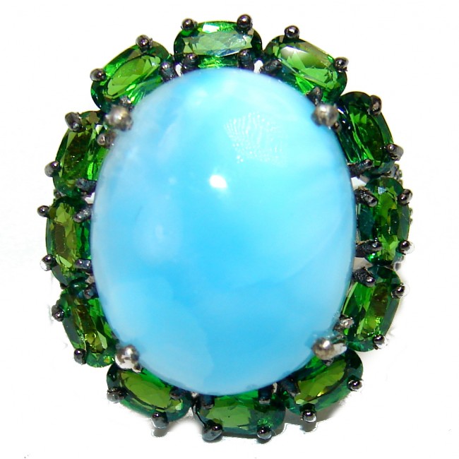 Natural Larimar Chrome Diopside .925 Sterling Silver handcrafted Ring s. 7 1/2