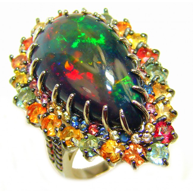 A COSMIC POWER Genuine Black Opal Sapphire 14K White Gold over .925 Sterling Silver handmade Ring size 7
