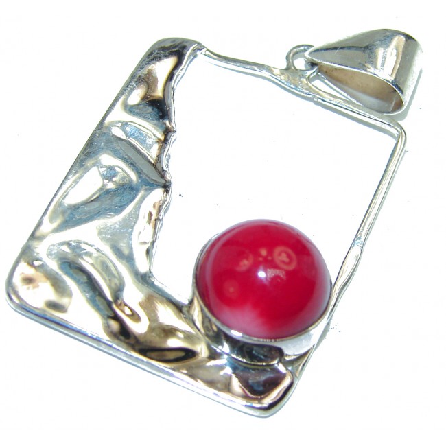 Modern Red Fossilized Coral hammered Sterling Silver pendant