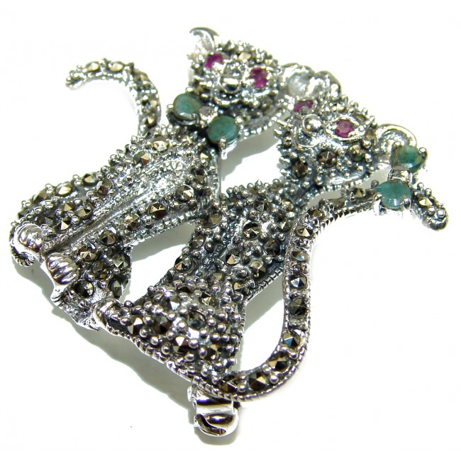 Two Cats Natural Marcasite .925 Statement Sterling Silver pendant brooch