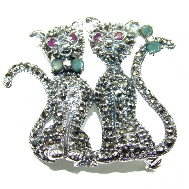 Two Cats Natural Marcasite .925 Statement Sterling Silver pendant brooch