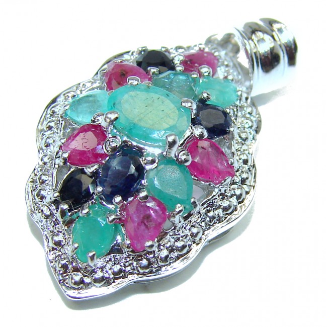 Ruby Sapphire Emerald .925 Sterling Silver handcrafted Huge pendant