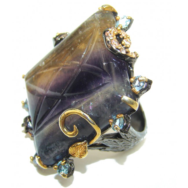 MASSIVE Incredible Fluorite black rhodium over .925 Sterling Silver Statement Huge Ring s. 9