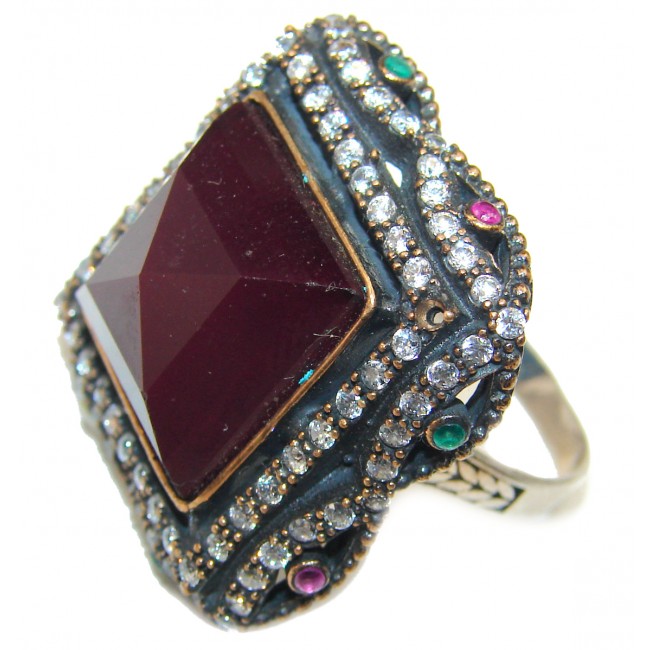 Victorian Style Ruby Emerald Sapphire .925 Sterling Silver ring; s. 7
