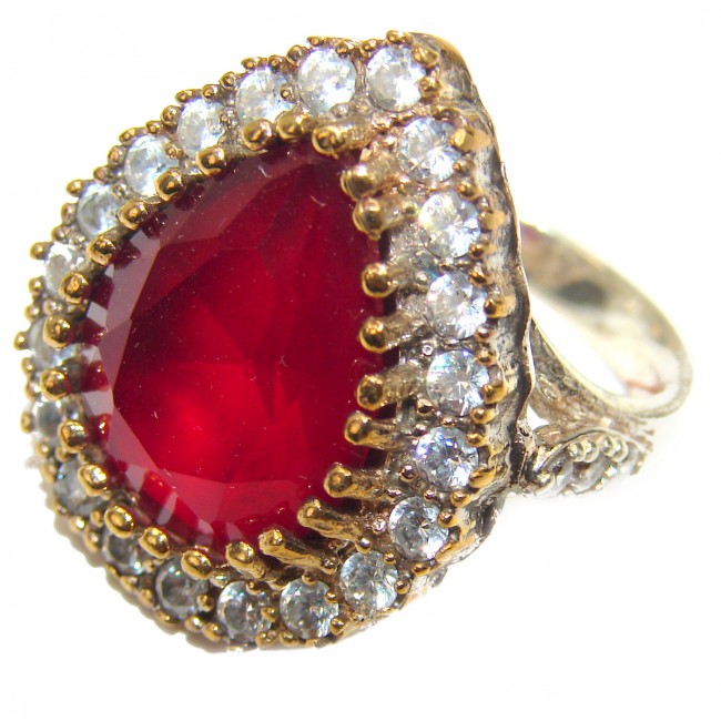 Victorian Style created Ruby & White Topaz Copper over Sterling Silver ring; s. 7 1/4
