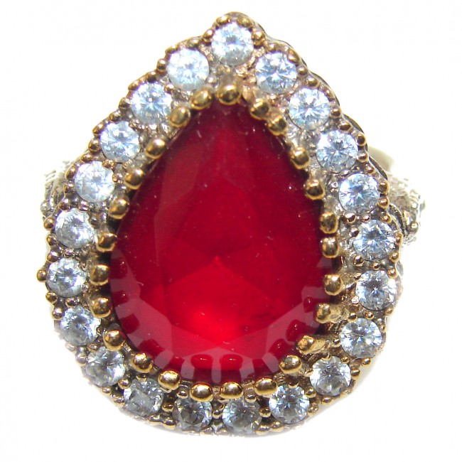 Victorian Style created Ruby & White Topaz Copper over Sterling Silver ring; s. 7 1/4