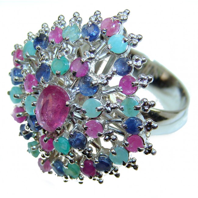 Victorian Style Ruby Emerald Sapphire .925 Sterling Silver ring; s. 9 1/2