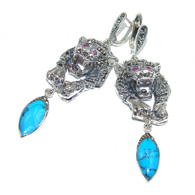 Spectacular Panthers Blue Turquoise .925 Sterling Silver handcrafted Earrings