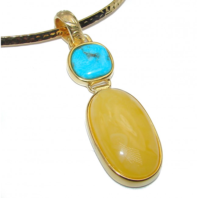 Huge Genuine Baltic Amber Turquoise 14K Gold over .925 Sterling Silver handcrafted necklace