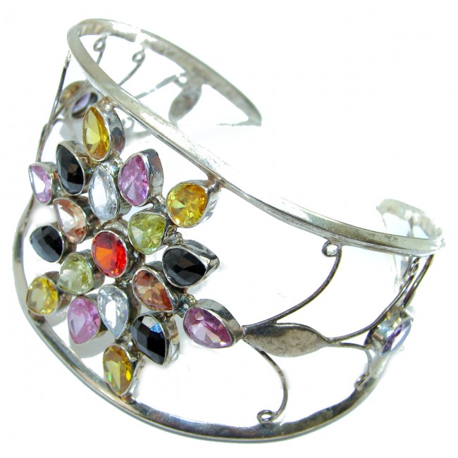Floral design Beauty Huge Multicolor Quartz .925 Sterling Silver handcrafted Bracelet cuff
