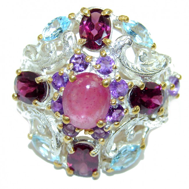 Fabulous Ruby & White Topaz 2 tones .925 Sterling Silver ring; s. 8
