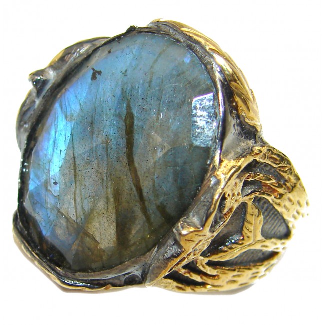 Mesmerizing Fire Labradorite 18K Gold over .925 Sterling Silver Bali handmade ring size 6 1/4