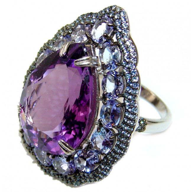 Vintage Style 22.2 carat Amethyst Tanzanite .925 Sterling Silver handmade Cocktail Ring s. 8