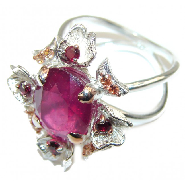Authentic 12.5 carat Ruby 2 tones .925 Sterling Silver handcrafted ring; s. 9