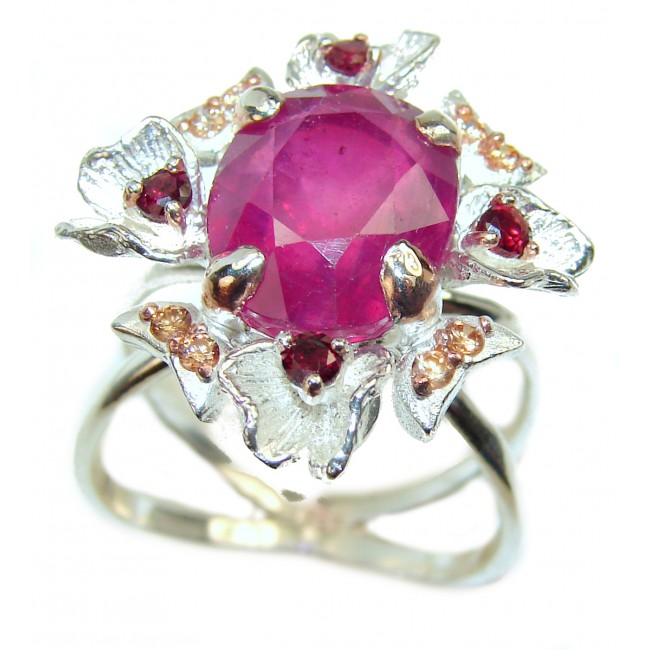 Authentic 12.5 carat Ruby 2 tones .925 Sterling Silver handcrafted ring; s. 9