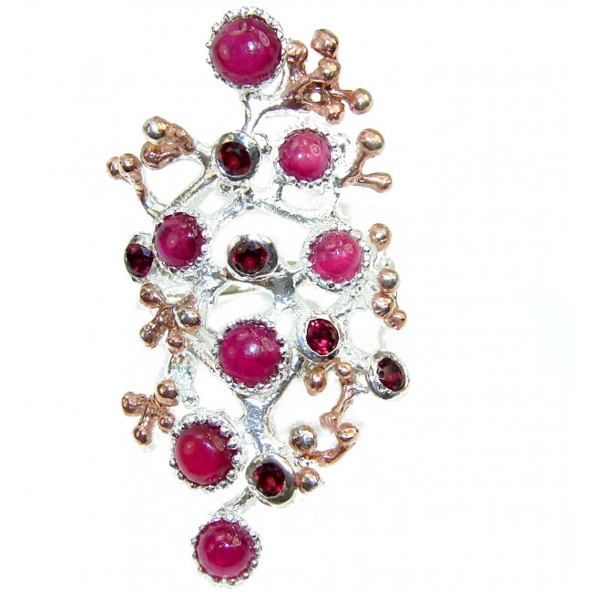 Huge Fabulous Ruby 2 tones .925 Sterling Silver ring; s. 8