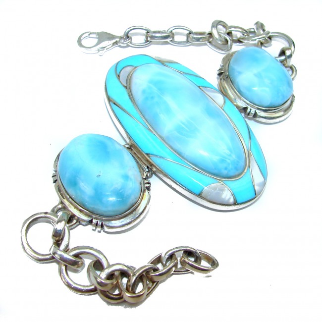 Genuine Blue Larimar & Blister Pearl .925 Sterling Silver handcrafted Bracelet