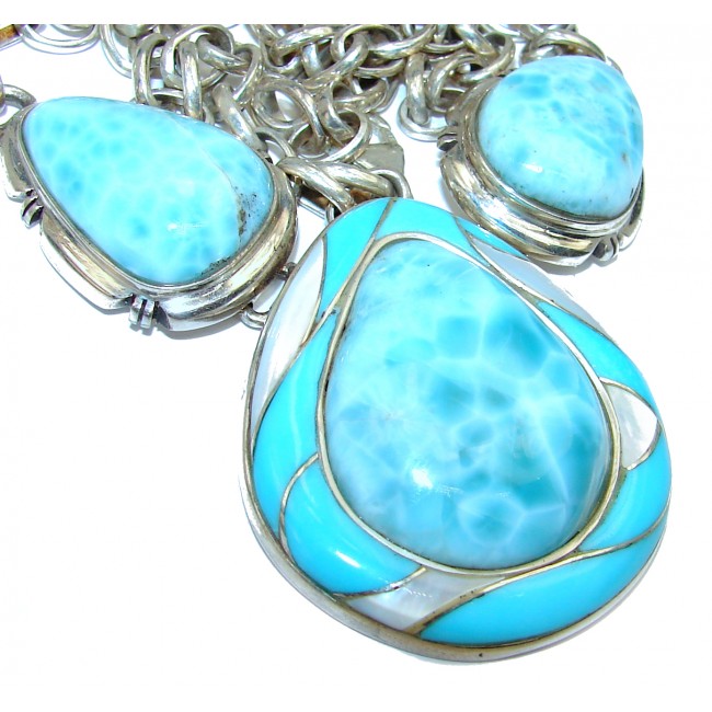 Caribbean Beauty best quality Blue Larimar & Blister Pearl .925 Sterling Silver necklace