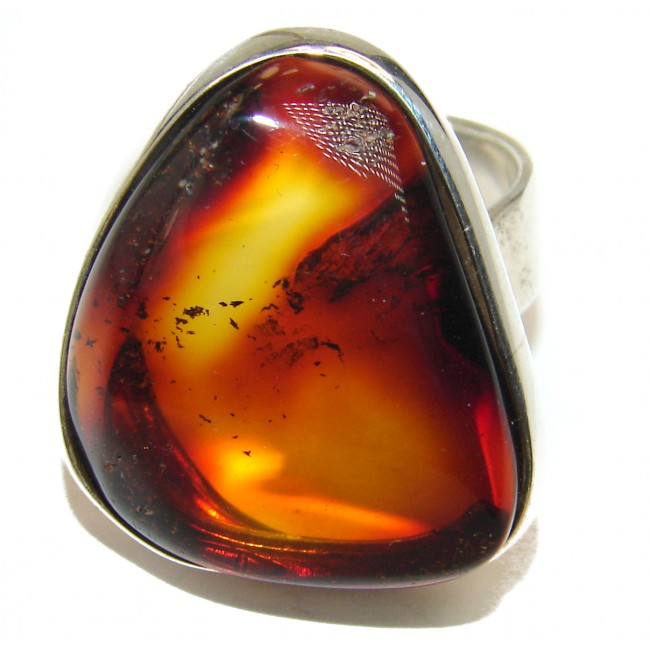 Large Authentic rare Baltic Amber .925 Sterling Silver handcrafted ring; s. 8 adjustable