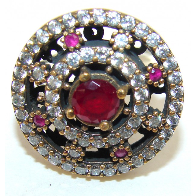 Victorian Style created Ruby & White Topaz Copper over Sterling Silver ring; s. 8